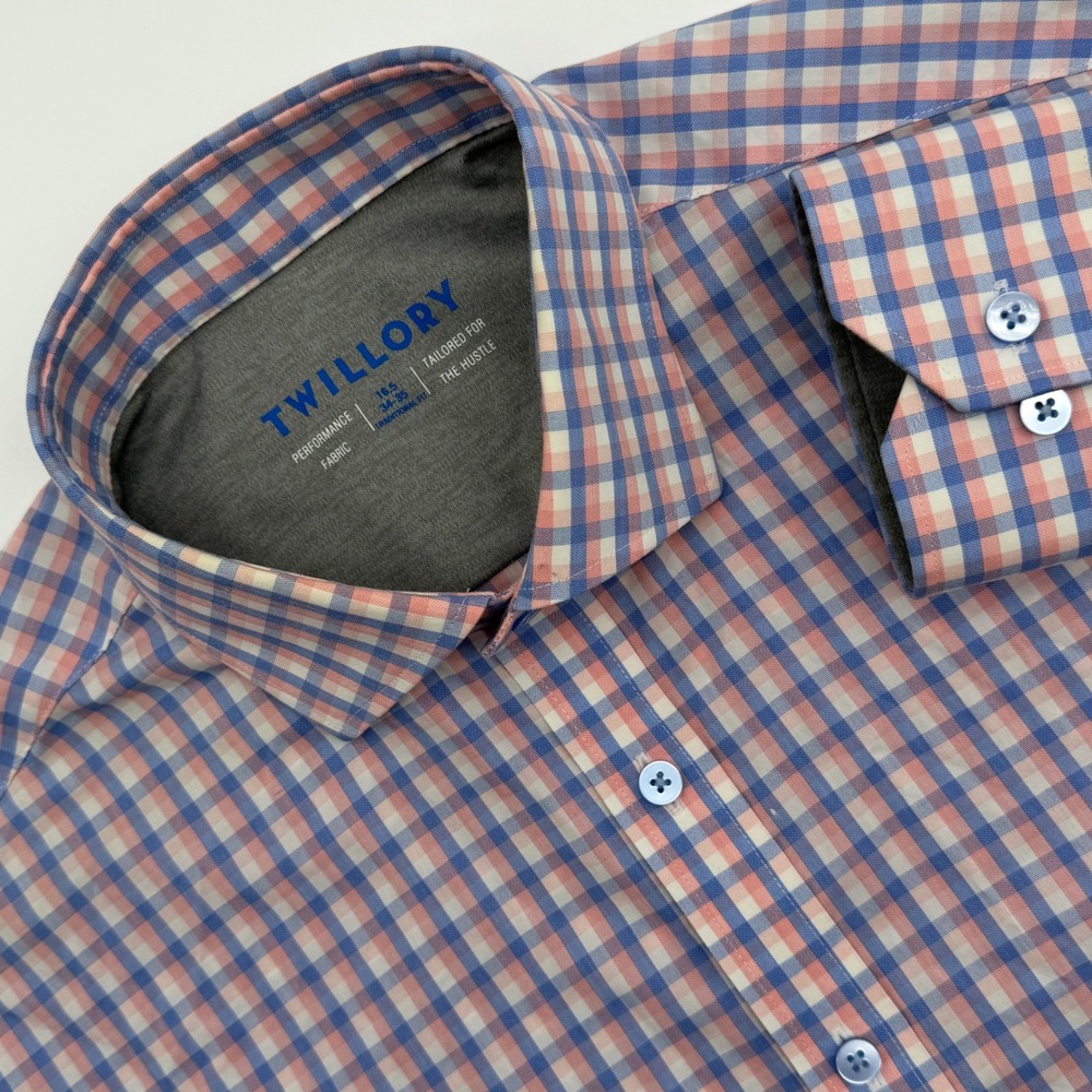 Twillory Performance Fabric Dress Shirt Blue Pink Gingham Traditional Fit 16.5
